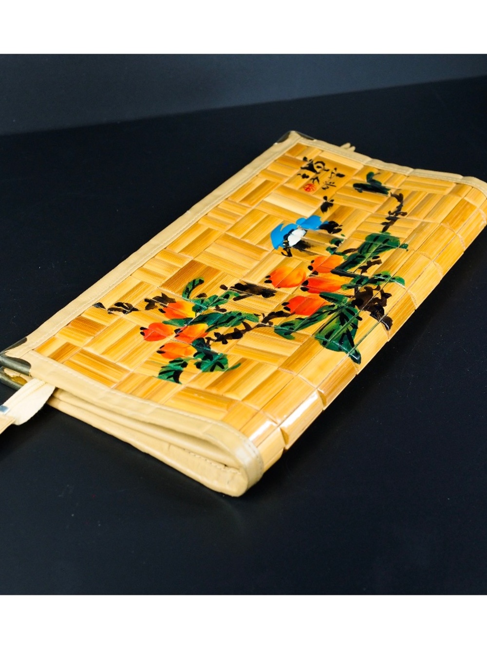 Vintage Bamboo Wood Clutch: Hand-Painted Bird, Fruit Tree, Asian Parquet Design